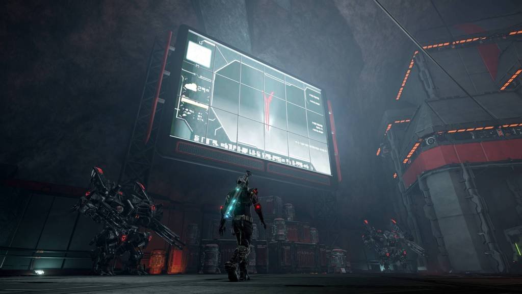 The player walking near a giant screen and mechs in Elex.