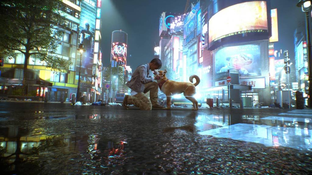 The player hugging a dog in Ghostwire Tokyo