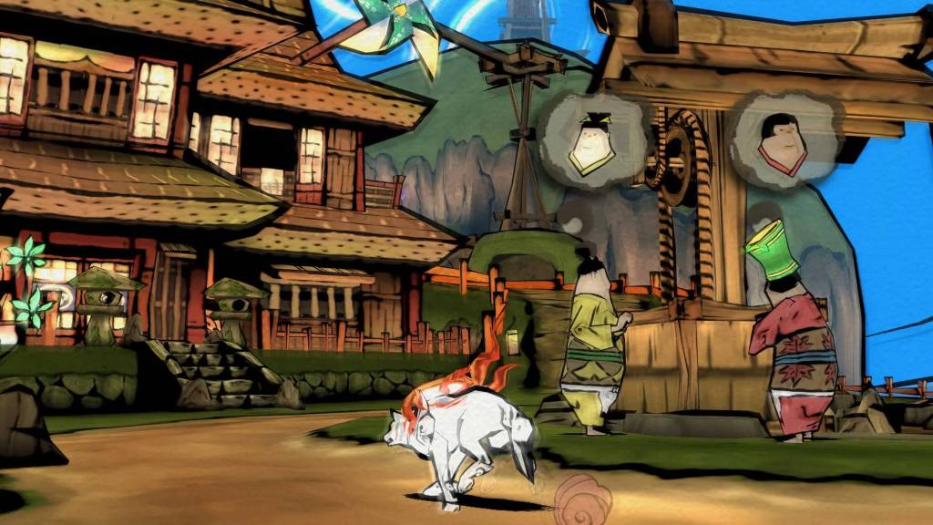 Amaterasu running through a village in Okami.