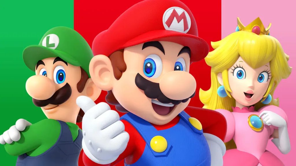 Luigi, Mario, and Princess Peach standing together.
