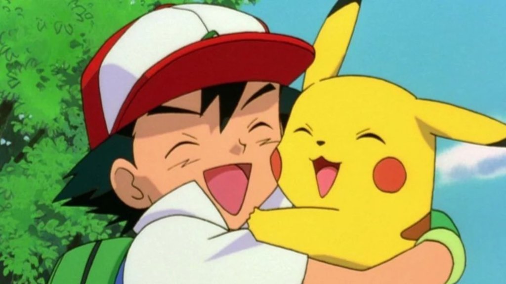 Ash dan Pikachu tersenyum dan berpelukan di Pokemon